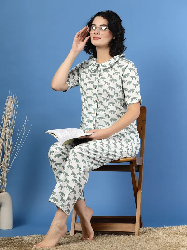 White_Cotton_White_Procaian_Print_1/2_Sleeves_Round_Neck_Regular_Ankle_Length_Night_Suit_For_Women