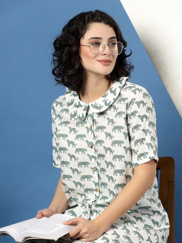 White_Cotton_White_Procaian_Print_1/2_Sleeves_Round_Neck_Regular_Ankle_Length_Night_Suit_For_Women
