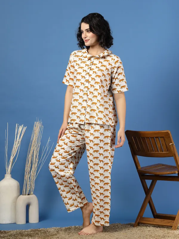 White_Cotton_White_Procaian_Print_1/2_Sleeves_Round_Neck_Regular_Ankle_Length_Night_Suit_For_Women