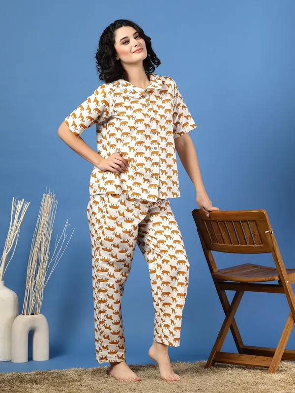 White_Cotton_White_Procaian_Print_1/2_Sleeves_Round_Neck_Regular_Ankle_Length_Night_Suit_For_Women