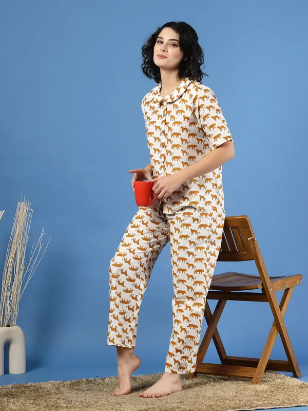 White_Cotton_White_Procaian_Print_1/2_Sleeves_Round_Neck_Regular_Ankle_Length_Night_Suit_For_Women