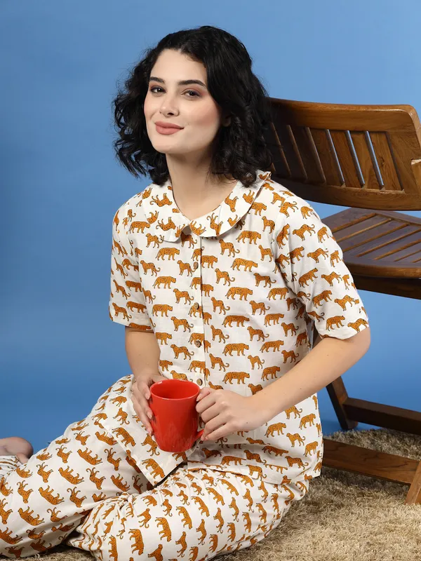 White_Cotton_White_Procaian_Print_1/2_Sleeves_Round_Neck_Regular_Ankle_Length_Night_Suit_For_Women