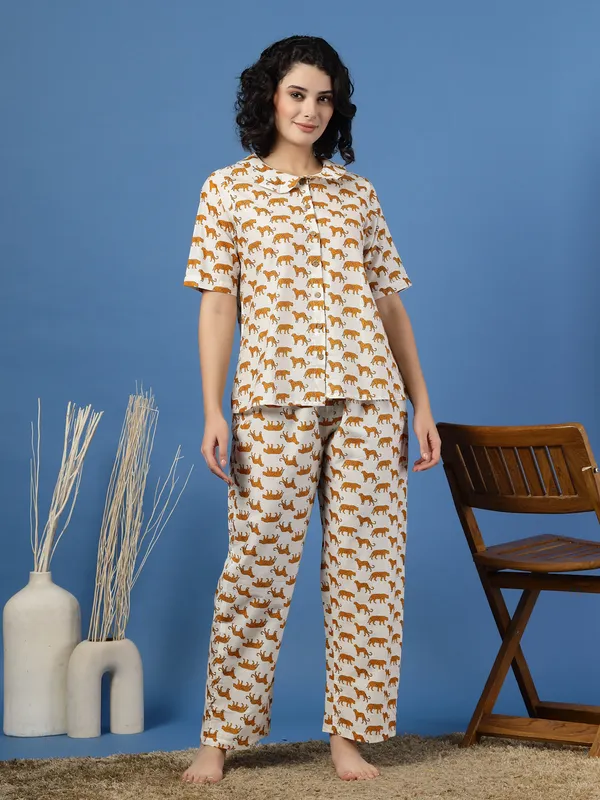 White_Cotton_White_Procaian_Print_1/2_Sleeves_Round_Neck_Regular_Ankle_Length_Night_Suit_For_Women