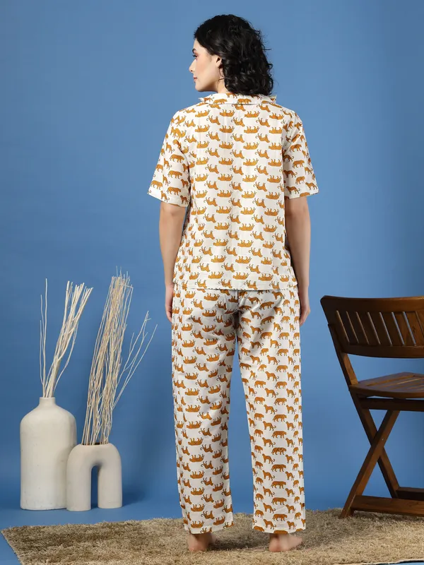 White_Cotton_White_Procaian_Print_1/2_Sleeves_Round_Neck_Regular_Ankle_Length_Night_Suit_For_Women