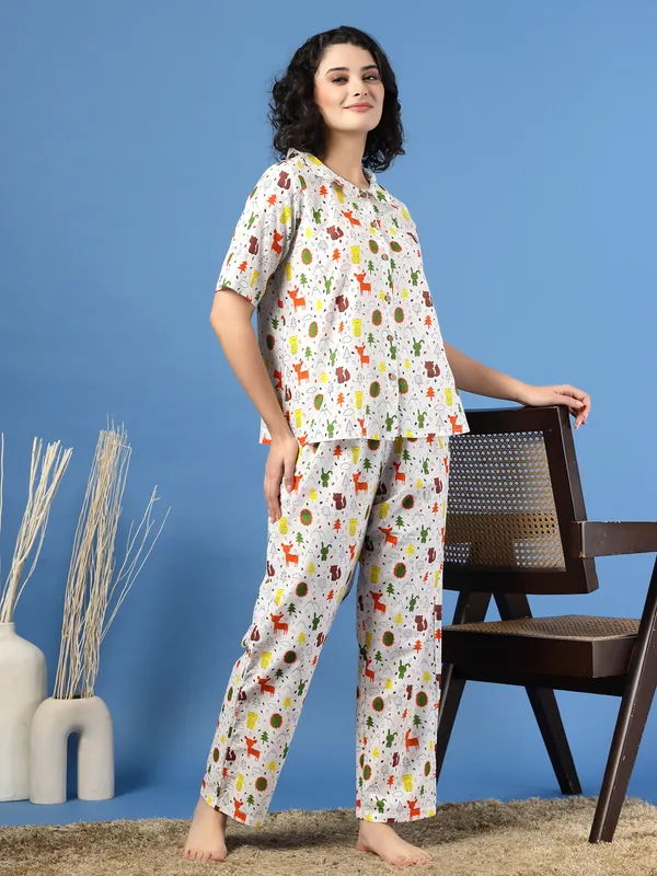 White_Cotton_Multi_Prints_1/2_Sleeves_Round_Neck_Regular_Ankle_Length_Night_Suit_For_Women