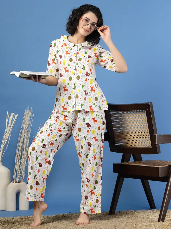 White_Cotton_Multi_Prints_1/2_Sleeves_Round_Neck_Regular_Ankle_Length_Night_Suit_For_Women