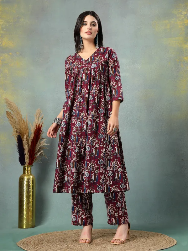 Maroon_Cotton_Multi_Prints_3/4_Sleeves_Round_Neck_Regular_Ankle_Length_Kurta_Sets_For_Women