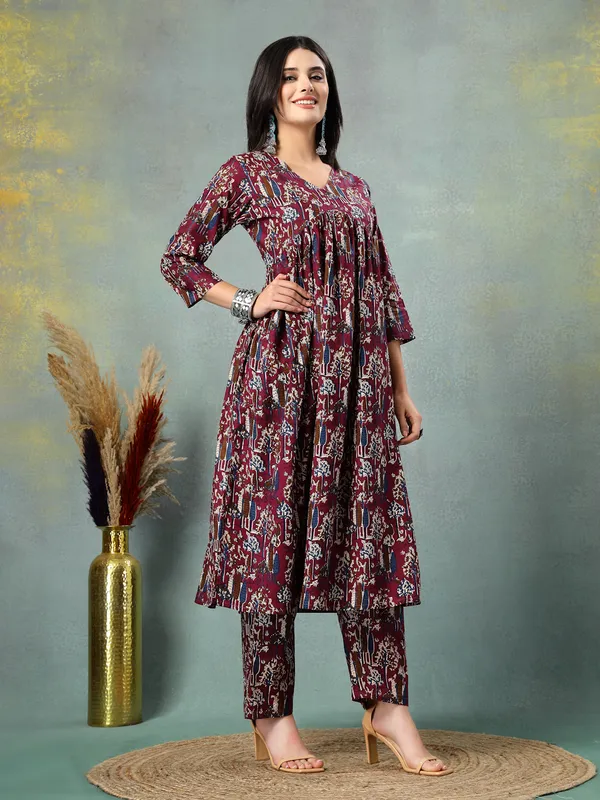 Maroon_Cotton_Multi_Prints_3/4_Sleeves_Round_Neck_Regular_Ankle_Length_Kurta_Sets_For_Women