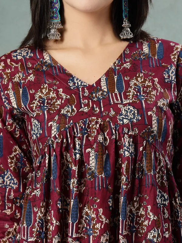Maroon_Cotton_Multi_Prints_3/4_Sleeves_Round_Neck_Regular_Ankle_Length_Kurta_Sets_For_Women