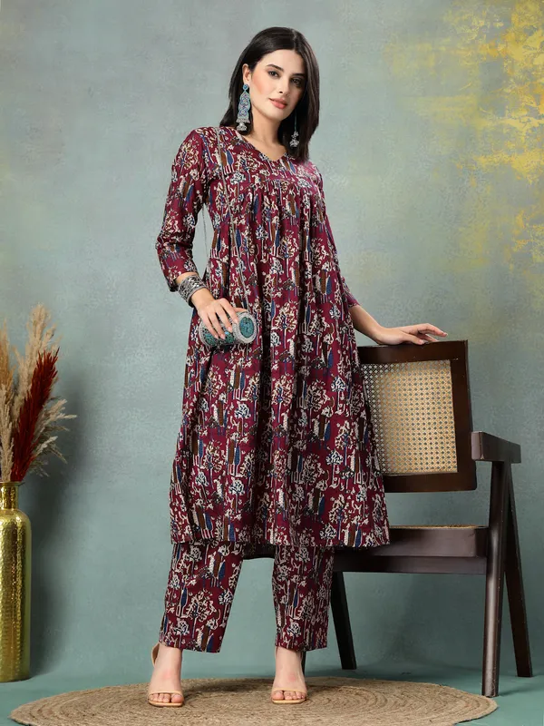 Maroon_Cotton_Multi_Prints_3/4_Sleeves_Round_Neck_Regular_Ankle_Length_Kurta_Sets_For_Women