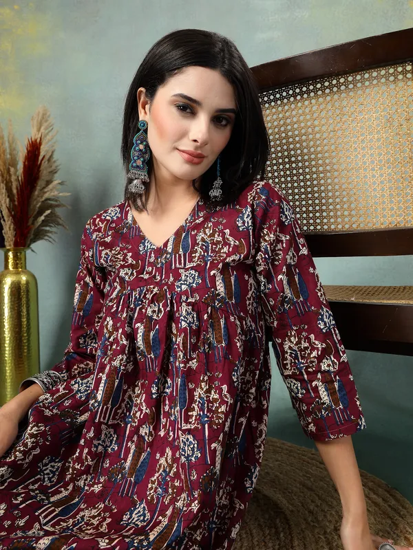 Maroon_Cotton_Multi_Prints_3/4_Sleeves_Round_Neck_Regular_Ankle_Length_Kurta_Sets_For_Women
