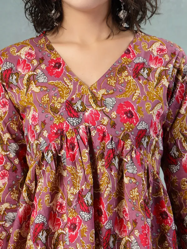 Rust_Cotton_Multi_Prints_3/4_Sleeves_V_Neck_Regular_Kalf_Length_Kurta_Sets_For_Women