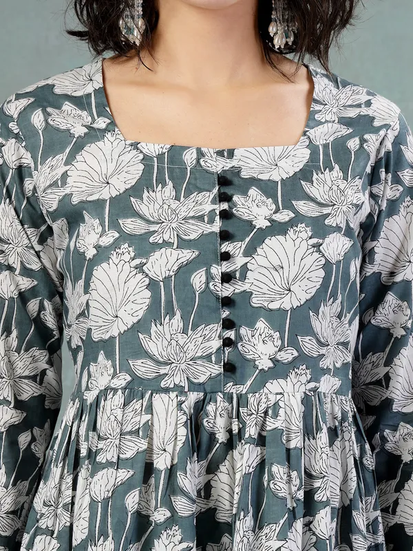Grey_Cotton_Procian_Print_3/4_Sleeves_Round_Neck_Designer_Kuurta_Sets_Ankle_Length_Kurta_Sets_For_Women