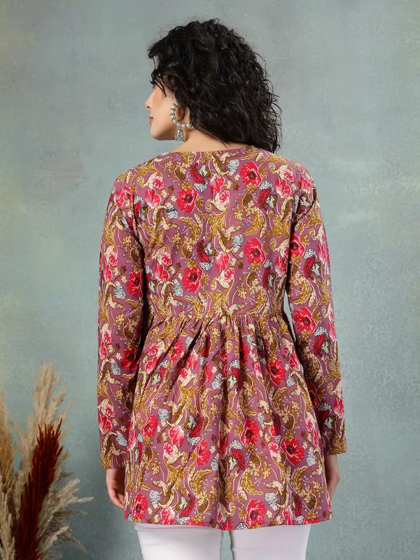 Rust_Cotton_Procian_Print_Full_Sleeves_V_Neck_Regular_Waist_Length_Tops_For_Women
