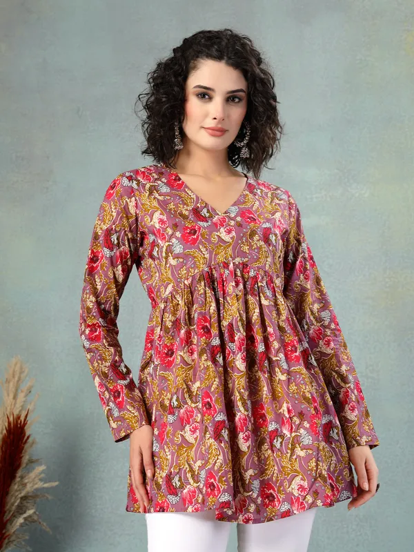 Rust_Cotton_Procian_Print_Full_Sleeves_V_Neck_Regular_Waist_Length_Tops_For_Women