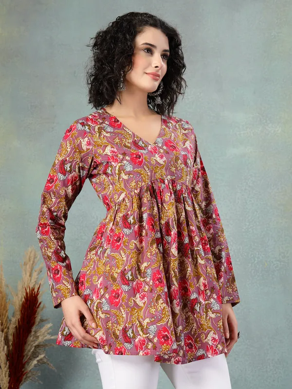 Rust_Cotton_Procian_Print_Full_Sleeves_V_Neck_Regular_Waist_Length_Tops_For_Women