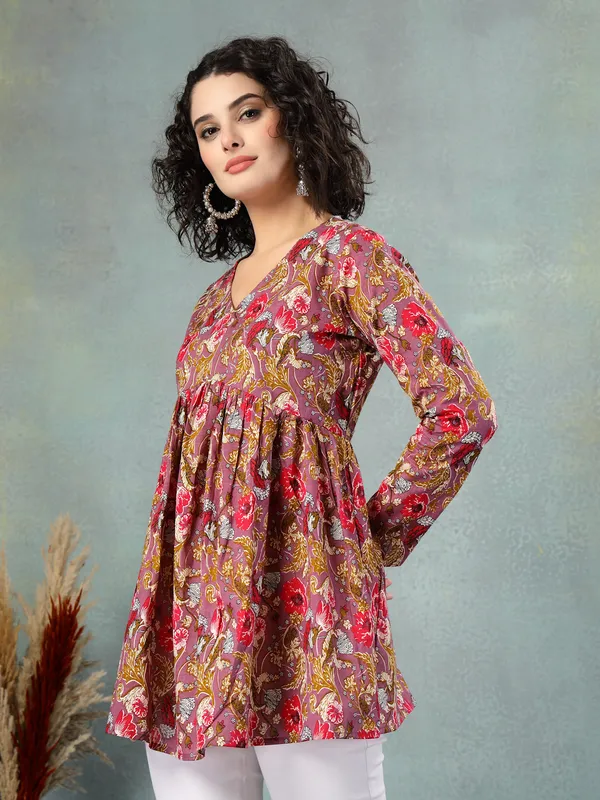 Rust_Cotton_Procian_Print_Full_Sleeves_V_Neck_Regular_Waist_Length_Tops_For_Women