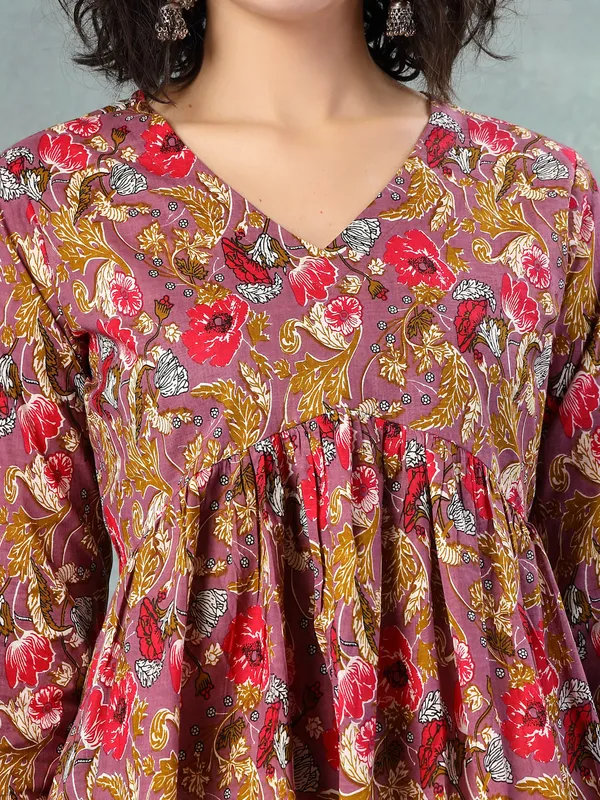 Rust_Cotton_Procian_Print_Full_Sleeves_V_Neck_Regular_Waist_Length_Tops_For_Women