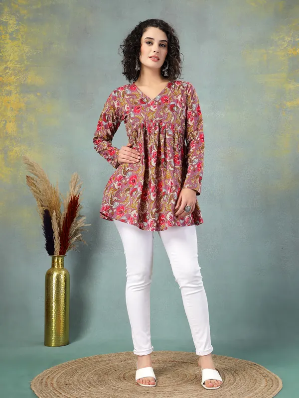 Rust_Cotton_Procian_Print_Full_Sleeves_V_Neck_Regular_Waist_Length_Tops_For_Women