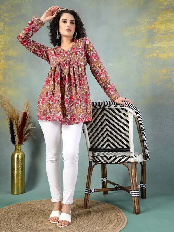 Rust_Cotton_Procian_Print_Full_Sleeves_V_Neck_Regular_Waist_Length_Tops_For_Women
