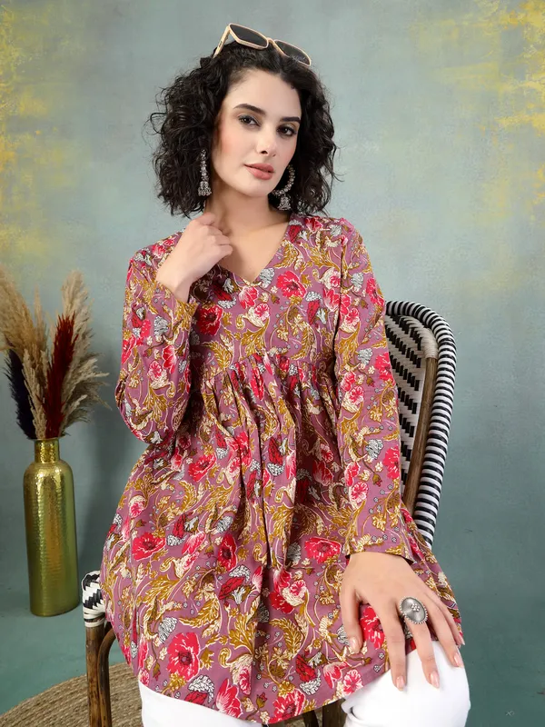 Rust_Cotton_Procian_Print_Full_Sleeves_V_Neck_Regular_Waist_Length_Tops_For_Women