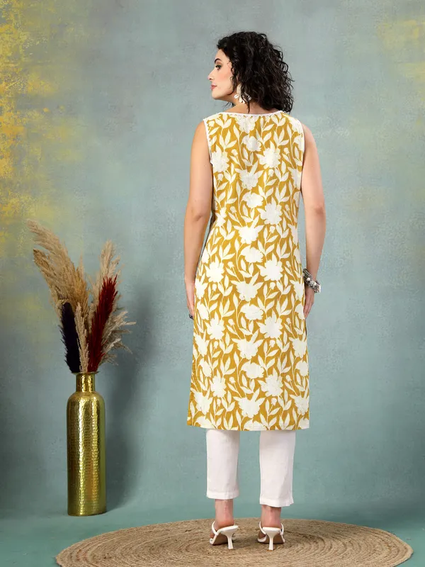 Yellow_Cotton_Procian_Print_Cut_Sleeves_Round_Neck_Regular_Ankle_Length_Kurti_For_Women
