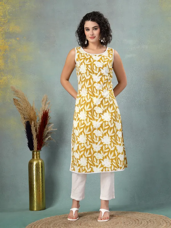 Yellow_Cotton_Procian_Print_Cut_Sleeves_Round_Neck_Regular_Ankle_Length_Kurti_For_Women