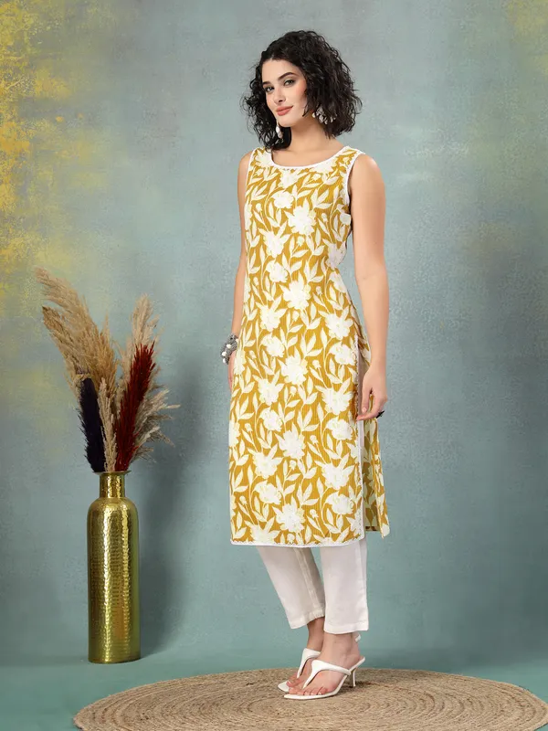 Yellow_Cotton_Procian_Print_Cut_Sleeves_Round_Neck_Regular_Ankle_Length_Kurti_For_Women