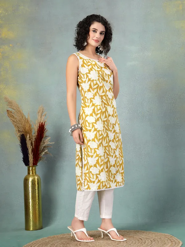 Yellow_Cotton_Procian_Print_Cut_Sleeves_Round_Neck_Regular_Ankle_Length_Kurti_For_Women