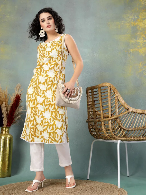 Yellow_Cotton_Procian_Print_Cut_Sleeves_Round_Neck_Regular_Ankle_Length_Kurti_For_Women