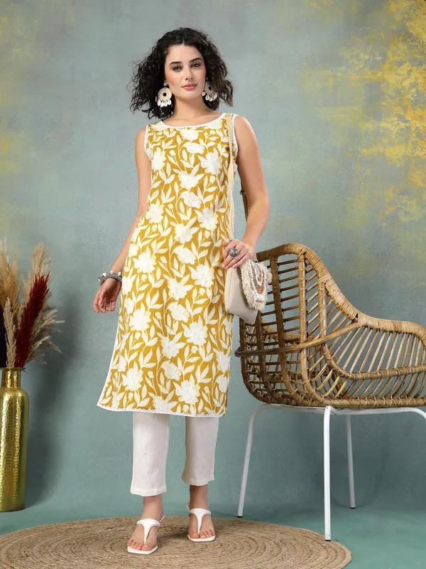 Yellow_Cotton_Procian_Print_Cut_Sleeves_Round_Neck_Regular_Ankle_Length_Kurti_For_Women