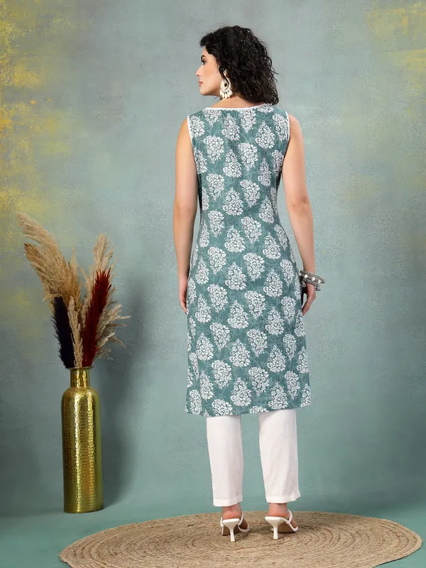 Blue_Cotton_Procian_Print_Cut_Sleeves_Round_Neck_Regular_Ankle_Length_Kurti_For_Women