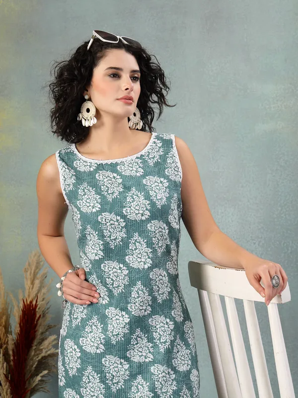 Blue_Cotton_Procian_Print_Cut_Sleeves_Round_Neck_Regular_Ankle_Length_Kurti_For_Women