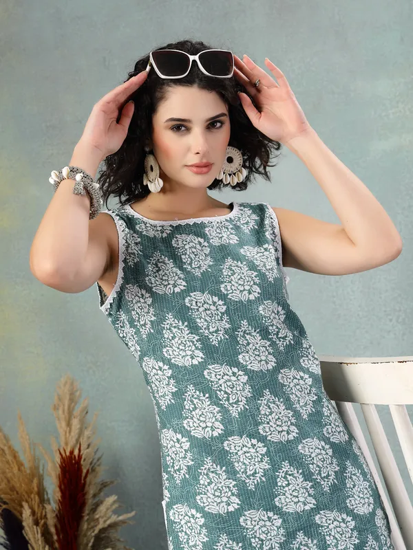 Blue_Cotton_Procian_Print_Cut_Sleeves_Round_Neck_Regular_Ankle_Length_Kurti_For_Women