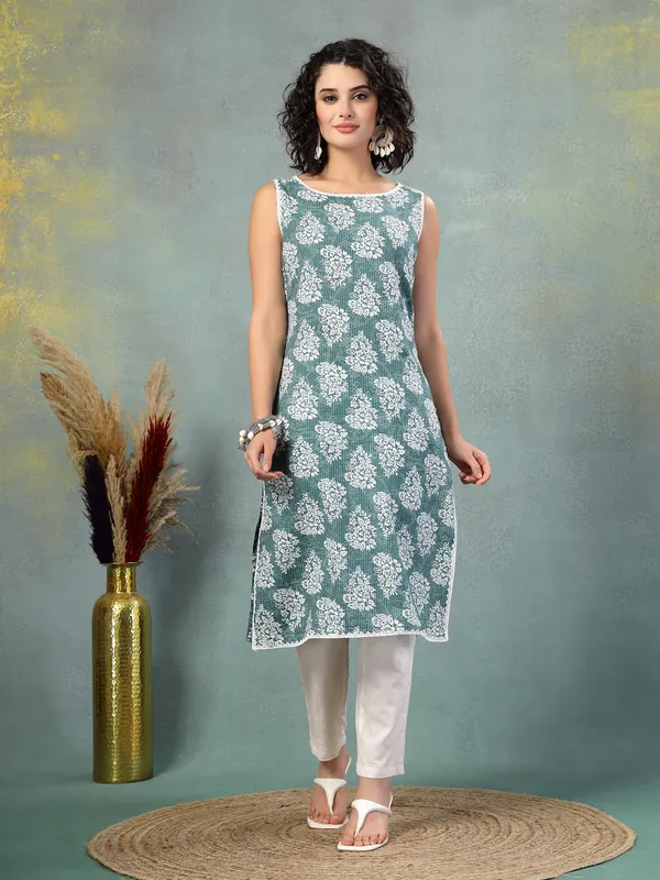Blue_Cotton_Procian_Print_Cut_Sleeves_Round_Neck_Regular_Ankle_Length_Kurti_For_Women