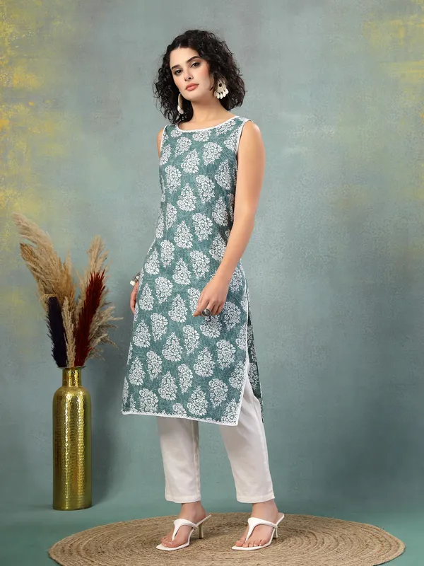 Blue_Cotton_Procian_Print_Cut_Sleeves_Round_Neck_Regular_Ankle_Length_Kurti_For_Women