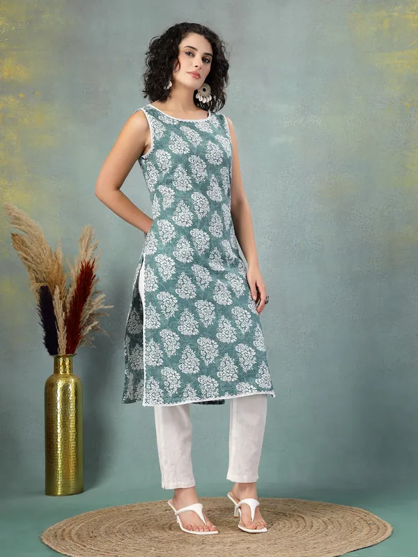 Blue_Cotton_Procian_Print_Cut_Sleeves_Round_Neck_Regular_Ankle_Length_Kurti_For_Women