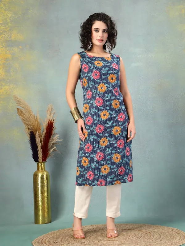 Blue_Cotton_Procian_Print_Cut_Sleeves_Round_Neck_Regular_Ankle_Length_Kurti_For_Women
