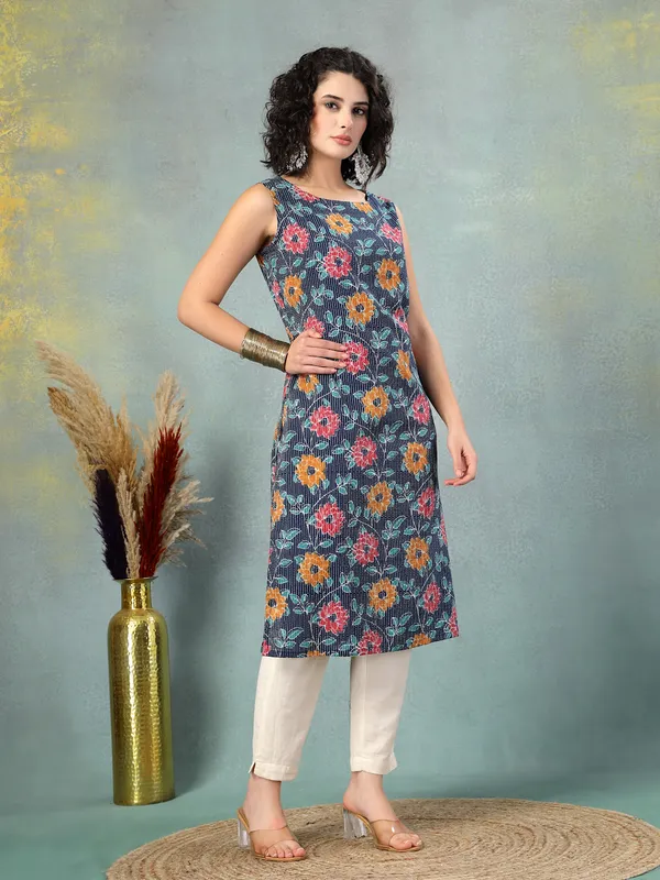 Blue_Cotton_Procian_Print_Cut_Sleeves_Round_Neck_Regular_Ankle_Length_Kurti_For_Women