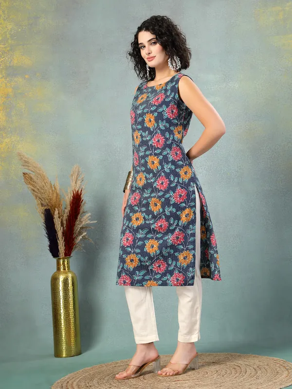 Blue_Cotton_Procian_Print_Cut_Sleeves_Round_Neck_Regular_Ankle_Length_Kurti_For_Women