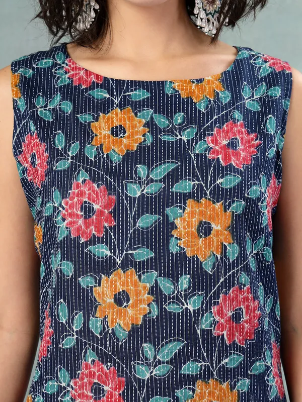 Blue_Cotton_Procian_Print_Cut_Sleeves_Round_Neck_Regular_Ankle_Length_Kurti_For_Women
