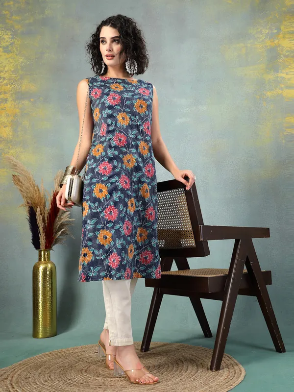 Blue_Cotton_Procian_Print_Cut_Sleeves_Round_Neck_Regular_Ankle_Length_Kurti_For_Women