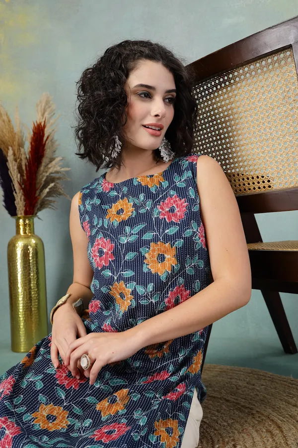 Blue_Cotton_Procian_Print_Cut_Sleeves_Round_Neck_Regular_Ankle_Length_Kurti_For_Women