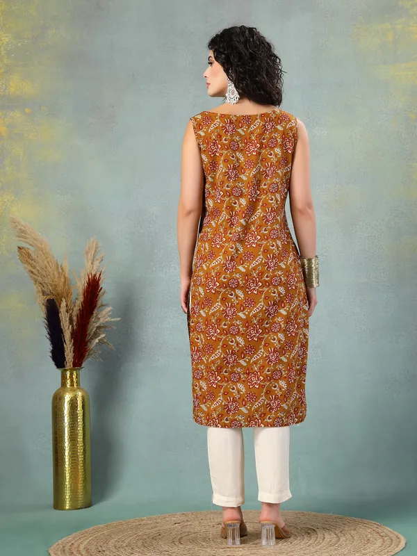 Brown_Cotton_Procian_Print_Cut_Sleeves_Round_Neck_Regular_Ankle_Length_Kurti_For_Women