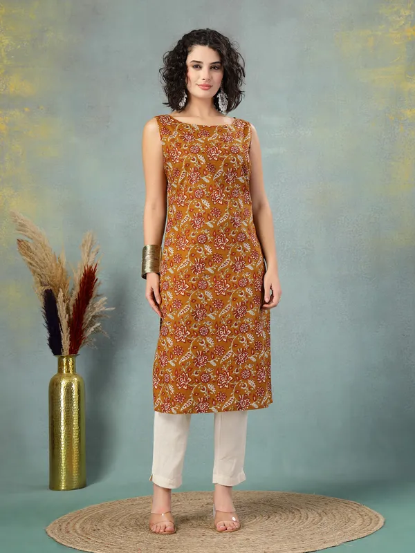 Brown_Cotton_Procian_Print_Cut_Sleeves_Round_Neck_Regular_Ankle_Length_Kurti_For_Women
