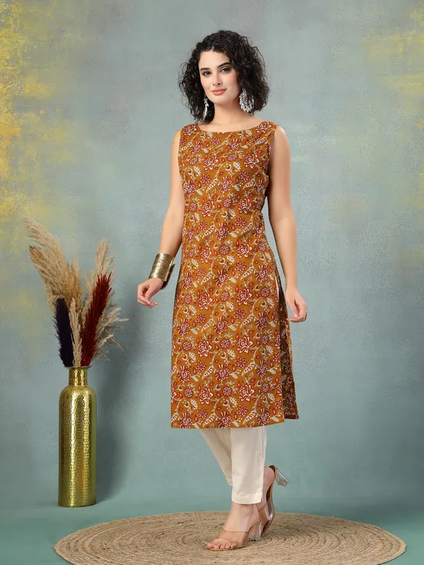 Brown_Cotton_Procian_Print_Cut_Sleeves_Round_Neck_Regular_Ankle_Length_Kurti_For_Women