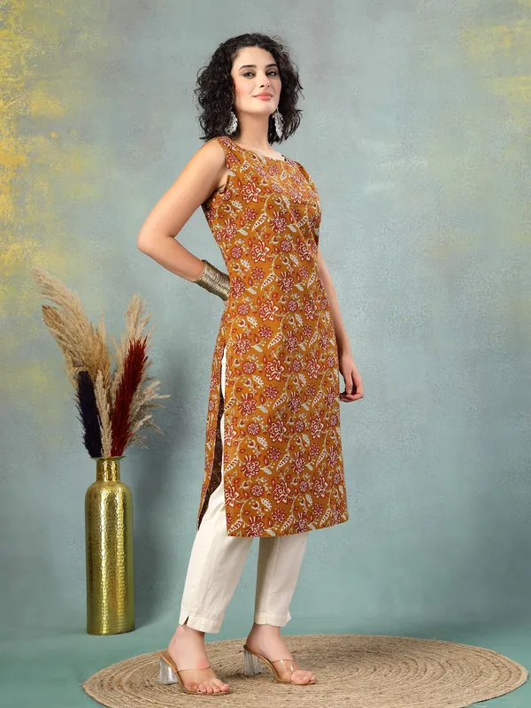 Brown_Cotton_Procian_Print_Cut_Sleeves_Round_Neck_Regular_Ankle_Length_Kurti_For_Women