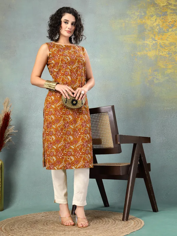 Brown_Cotton_Procian_Print_Cut_Sleeves_Round_Neck_Regular_Ankle_Length_Kurti_For_Women