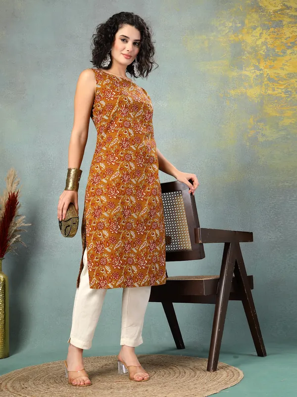 Brown_Cotton_Procian_Print_Cut_Sleeves_Round_Neck_Regular_Ankle_Length_Kurti_For_Women