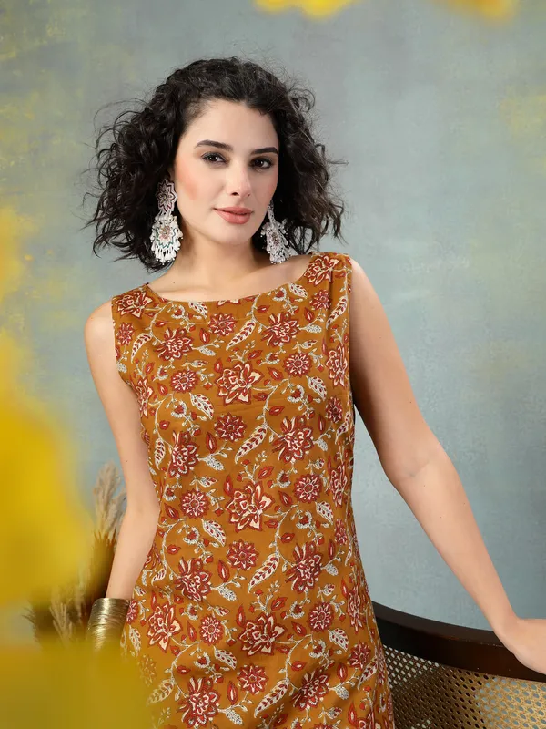 Brown_Cotton_Procian_Print_Cut_Sleeves_Round_Neck_Regular_Ankle_Length_Kurti_For_Women